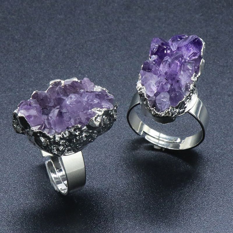 Natural Amethyst Crystal Cluster Irregular Adjustable Ring