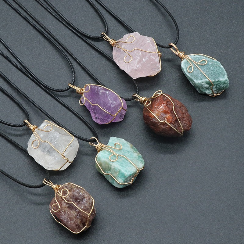 Natural Crystal Irregular Raw Stone Wire-Wrapped Pendant Necklace