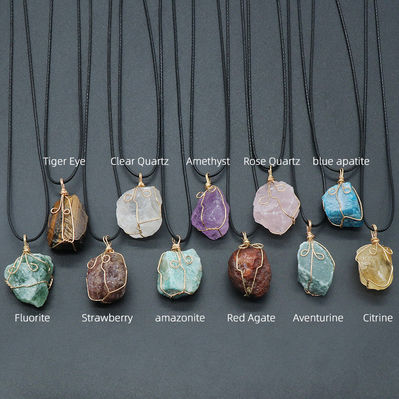 Natural Crystal Irregular Raw Stone Wire-Wrapped Pendant Necklace