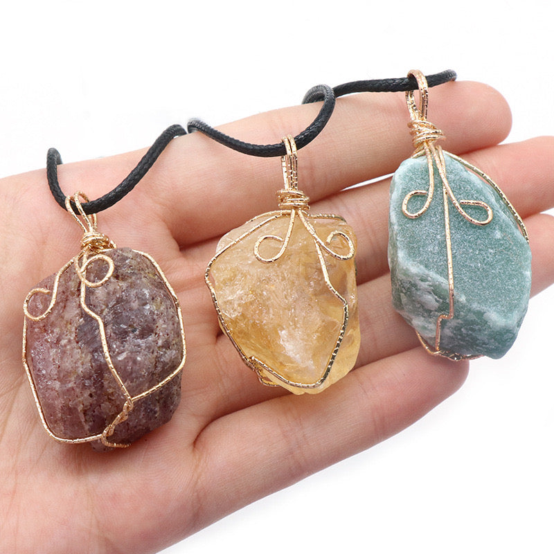 Natural Crystal Irregular Raw Stone Wire-Wrapped Pendant Necklace