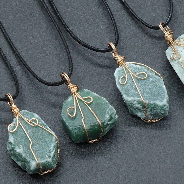 Natural Crystal Irregular Raw Stone Wire-Wrapped Pendant Necklace