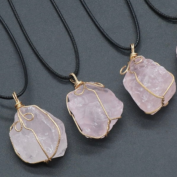 Natural Crystal Irregular Raw Stone Wire-Wrapped Pendant Necklace