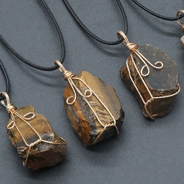 Natural Crystal Irregular Raw Stone Wire-Wrapped Pendant Necklace