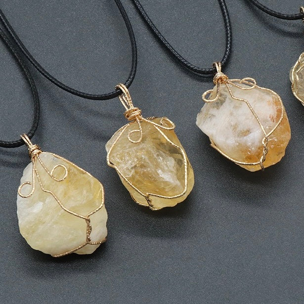 Natural Crystal Irregular Raw Stone Wire-Wrapped Pendant Necklace