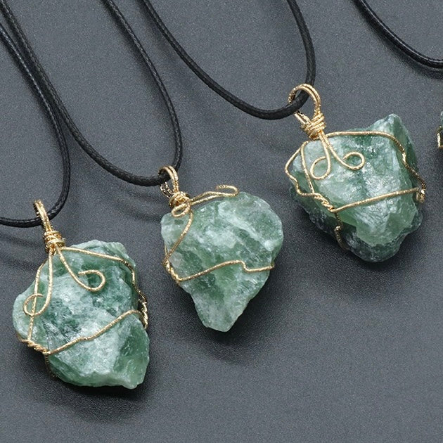 Natural Crystal Irregular Raw Stone Wire-Wrapped Pendant Necklace