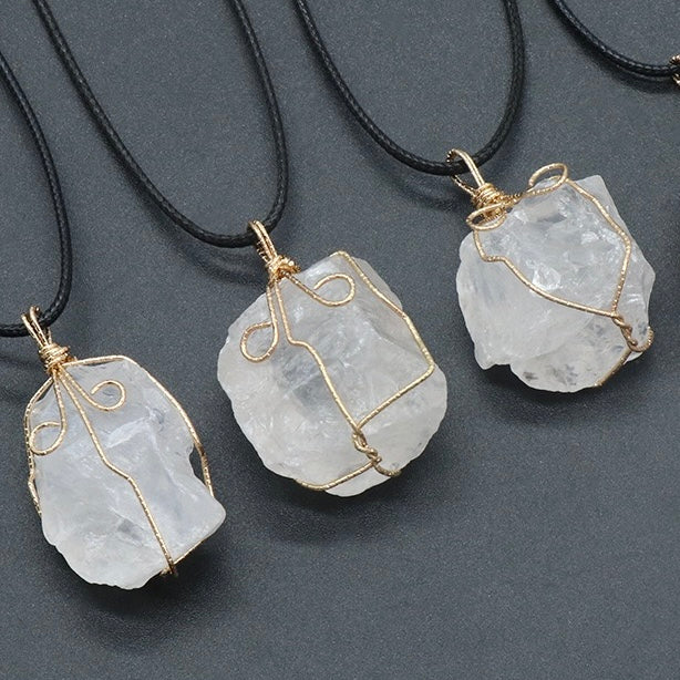 Natural Crystal Irregular Raw Stone Wire-Wrapped Pendant Necklace