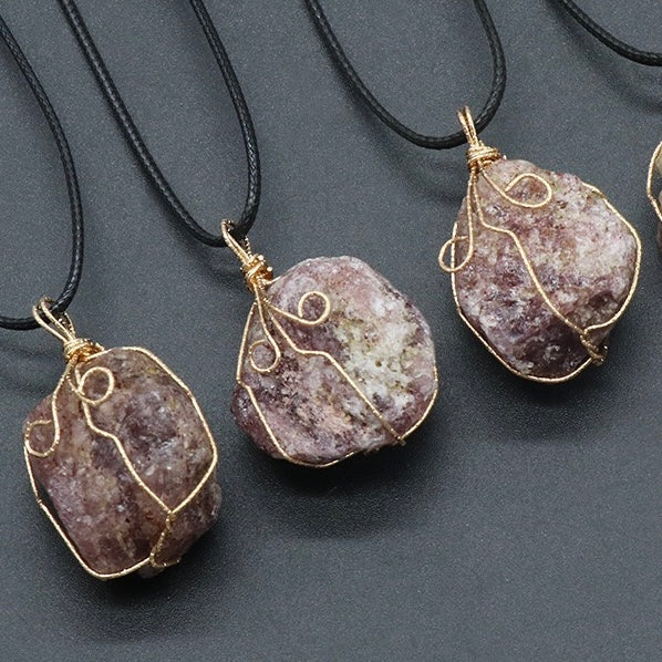 Natural Crystal Irregular Raw Stone Wire-Wrapped Pendant Necklace