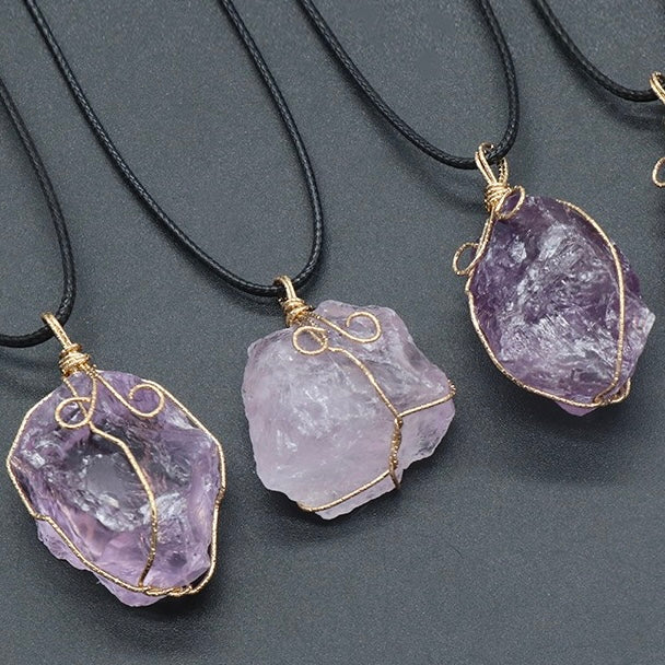 Natural Crystal Irregular Raw Stone Wire-Wrapped Pendant Necklace