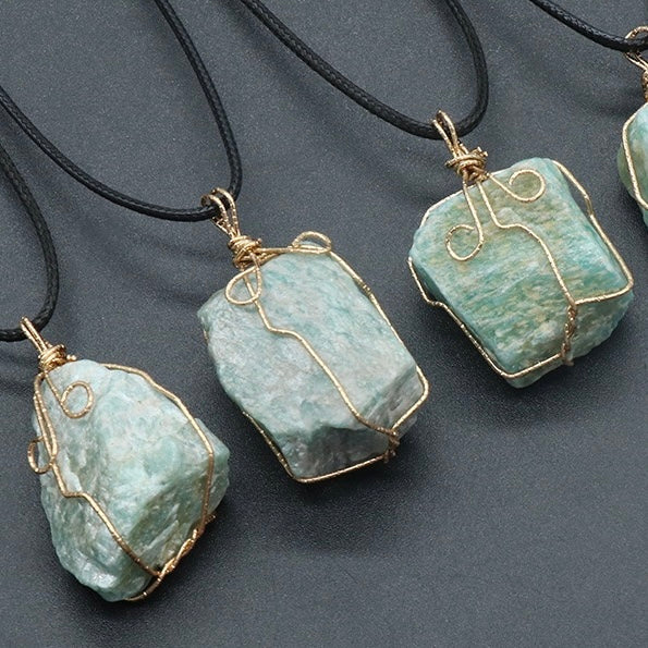 Natural Crystal Irregular Raw Stone Wire-Wrapped Pendant Necklace