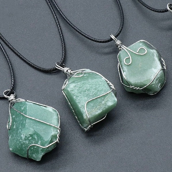 Natural Crystal Irregular Raw Stone Wire-Wrapped Pendant Necklace