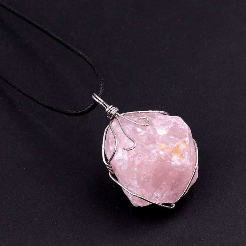 Natural Crystal Irregular Raw Stone Wire-Wrapped Pendant Necklace