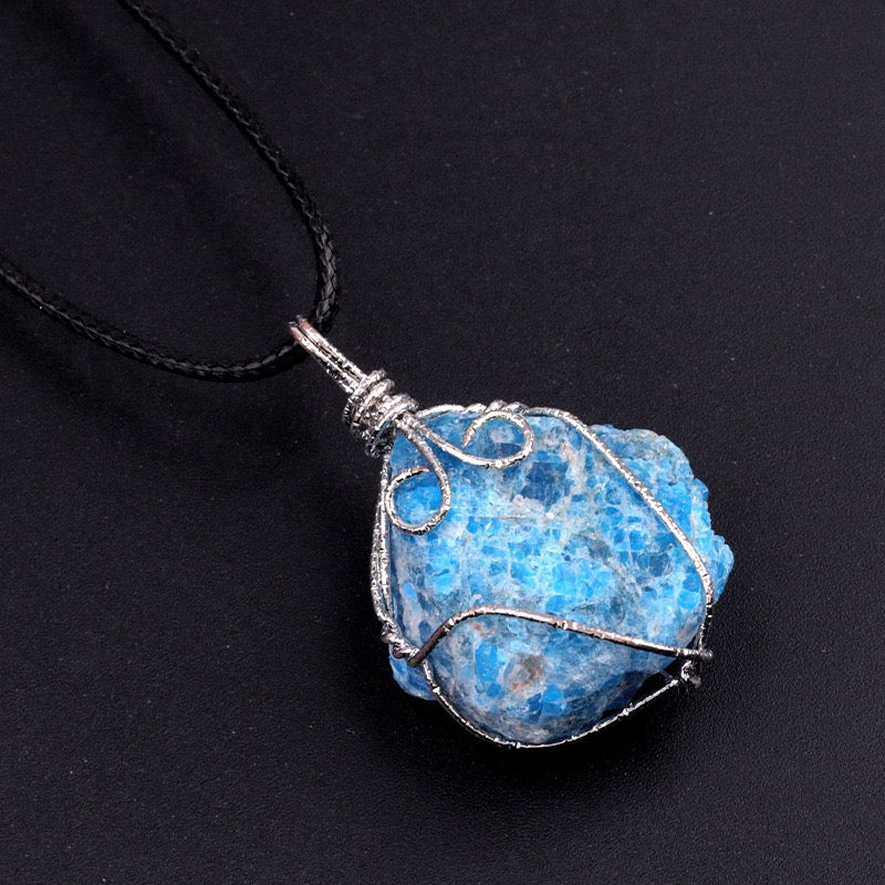 Natural Crystal Irregular Raw Stone Wire-Wrapped Pendant Necklace