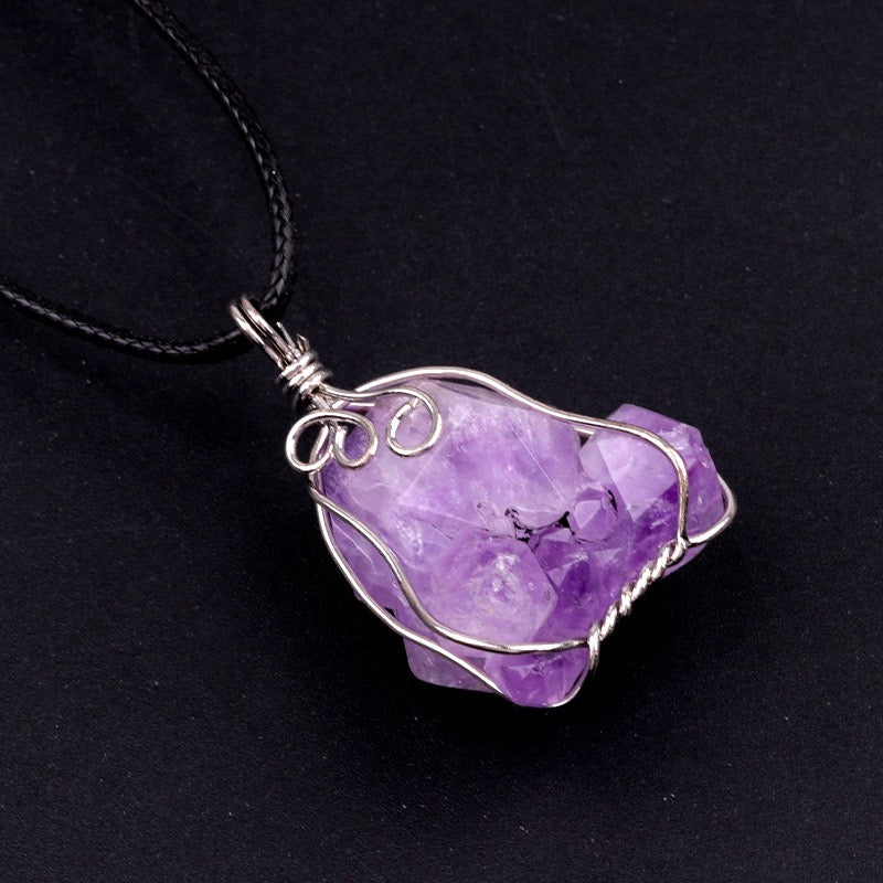 Natural Crystal Irregular Raw Stone Wire-Wrapped Pendant Necklace
