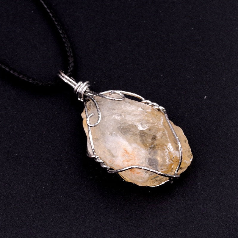 Natural Crystal Irregular Raw Stone Wire-Wrapped Pendant Necklace