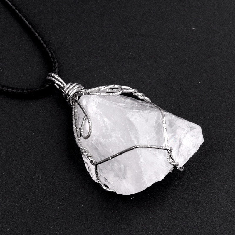 Natural Crystal Irregular Raw Stone Wire-Wrapped Pendant Necklace