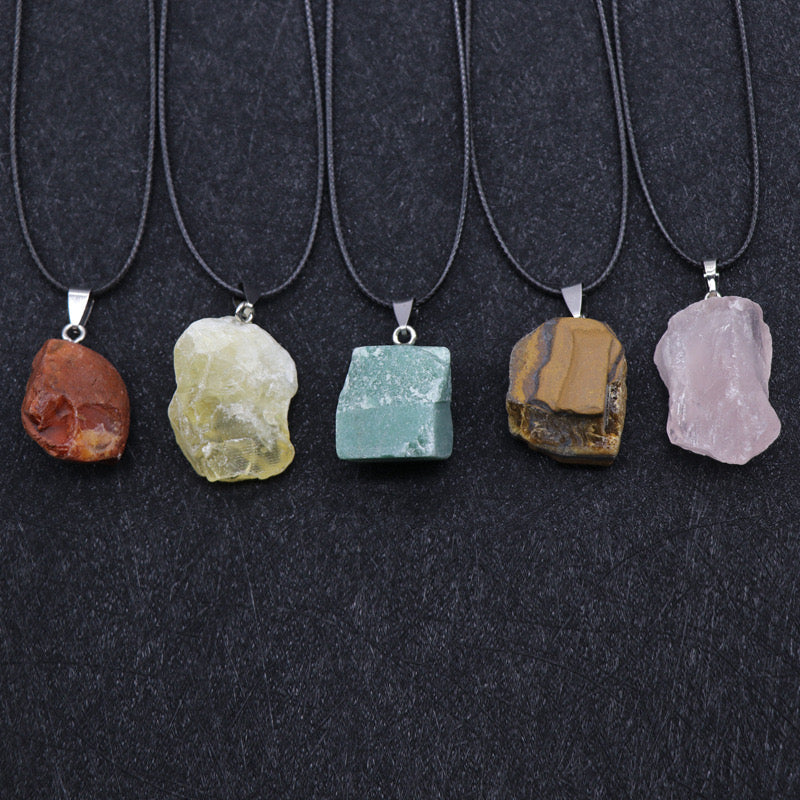 Natural Crystal Irregular Raw Stone Wire-Wrapped Pendant Necklace