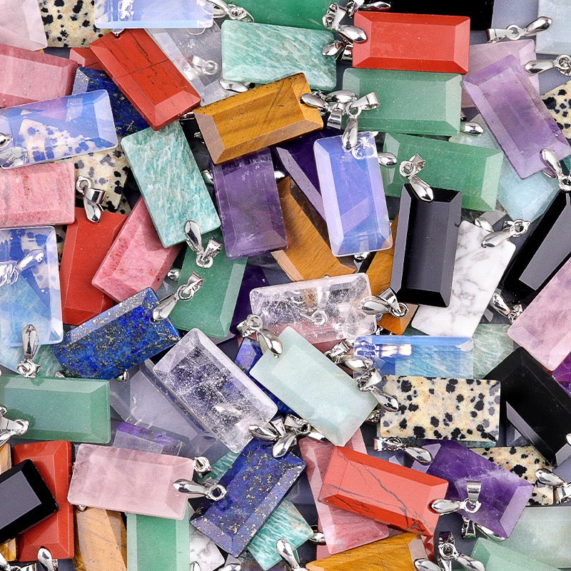 Natural Crystal Stone Faceted Rectangular Copper Pendant