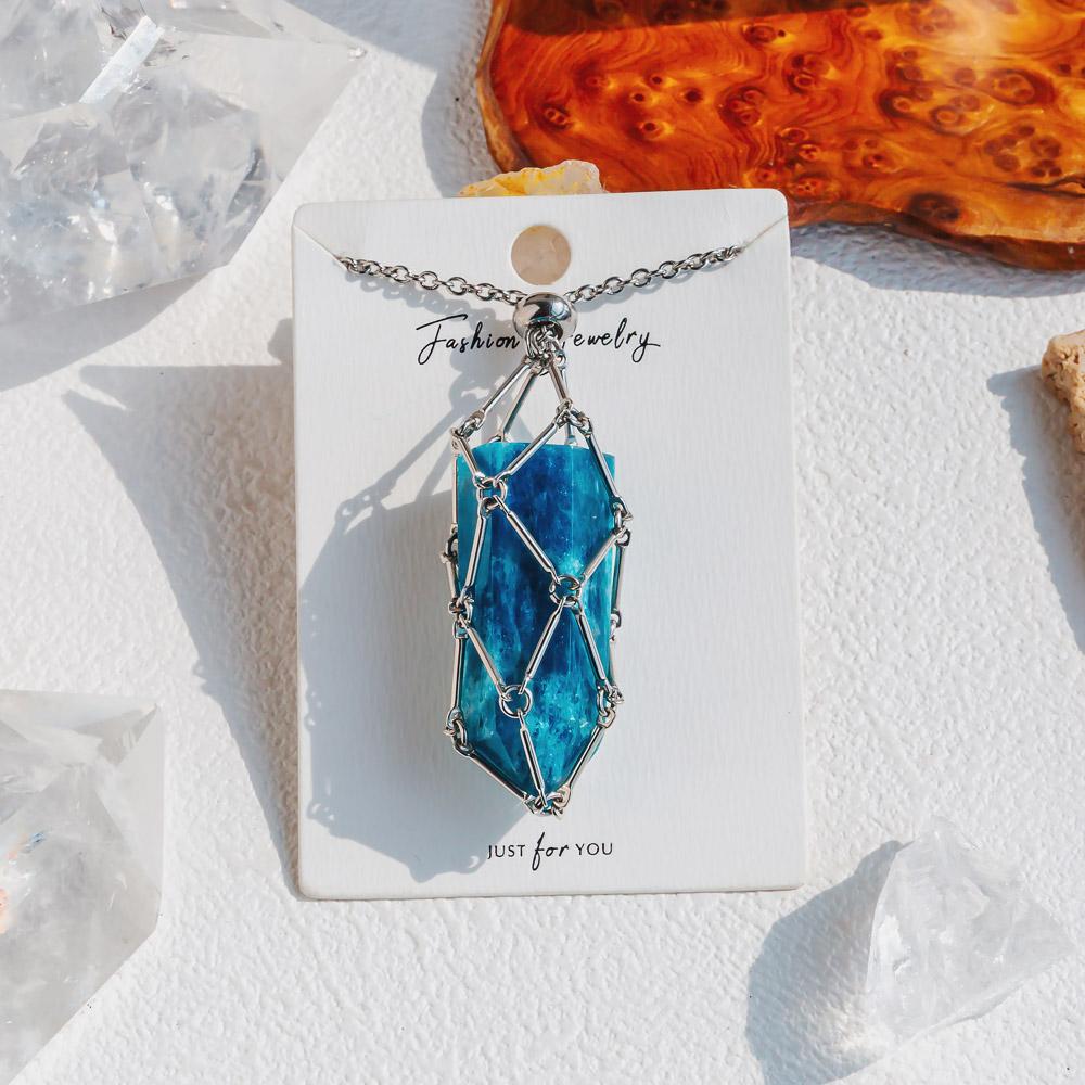 【Silver+Gold】Natural Crystal Net Metal Bamboo Necklace Woven Pendant