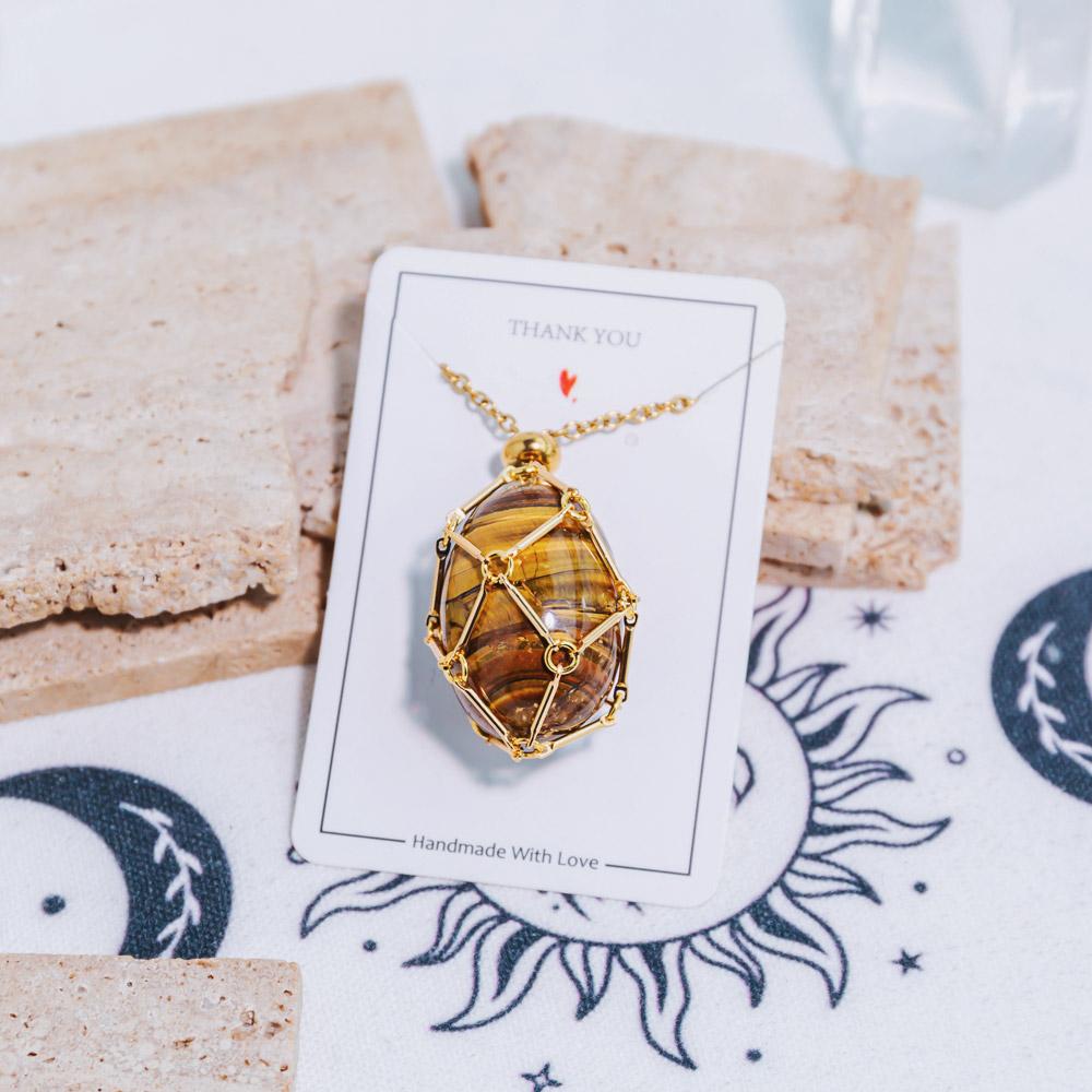 Reikistal Natural Crystal Net Metal Bamboo Necklace Woven Pendant