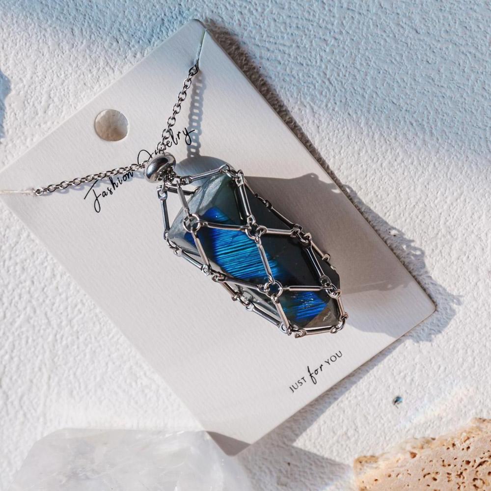 【Silver+Gold】Natural Crystal Net Metal Bamboo Necklace Woven Pendant