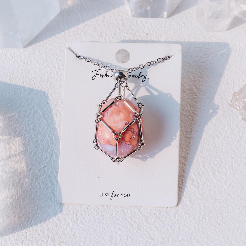 【Silver+Gold】Natural Crystal Net Metal Bamboo Necklace Woven Pendant