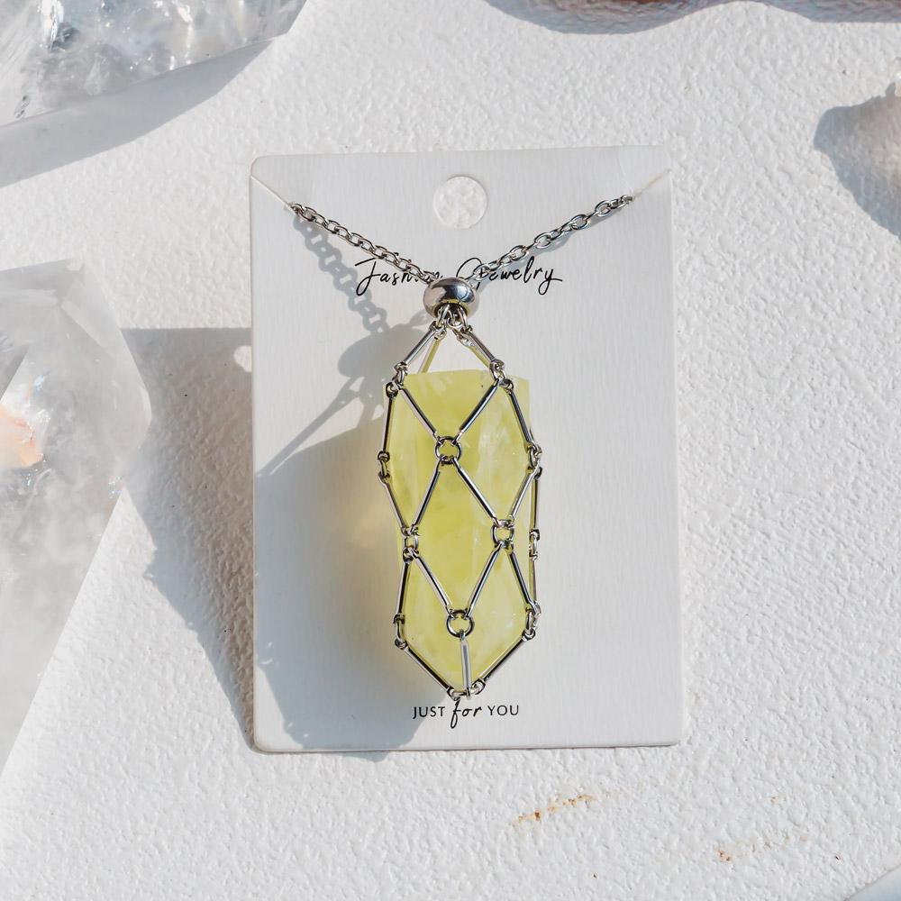 【Silver+Gold】Natural Crystal Net Metal Bamboo Necklace Woven Pendant