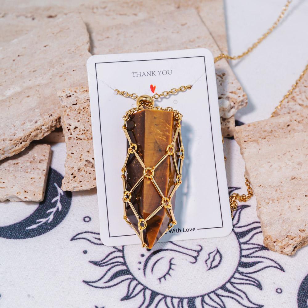 Reikistal Natural Crystal Net Metal Bamboo Necklace Woven Pendant