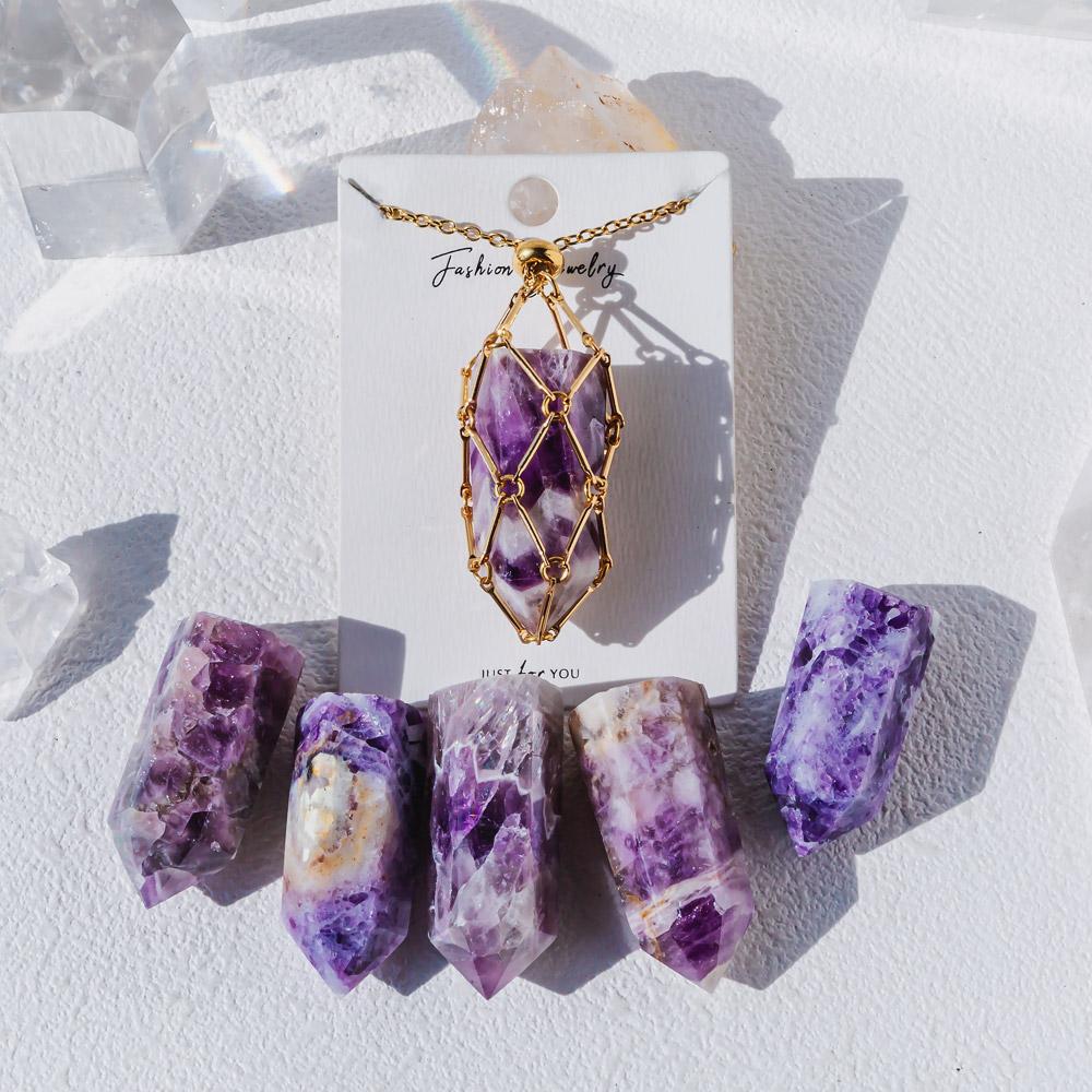 Reikistal Natural Crystal Net Metal Bamboo Necklace Woven Pendant