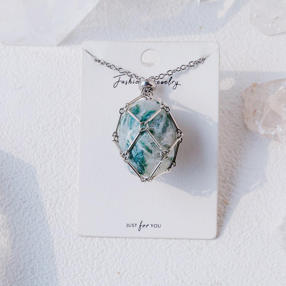 【Silver+Gold】Natural Crystal Net Metal Bamboo Necklace Woven Pendant