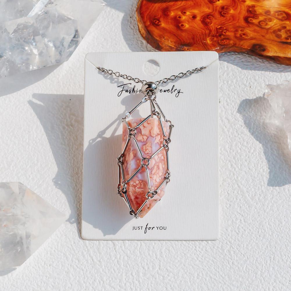 【Silver+Gold】Natural Crystal Net Metal Bamboo Necklace Woven Pendant