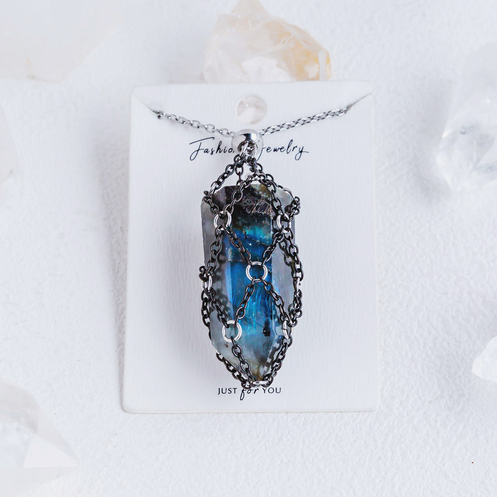 【Black O Mesh】Natural Crystal Adjustable Necklace【Point/Tumbled】