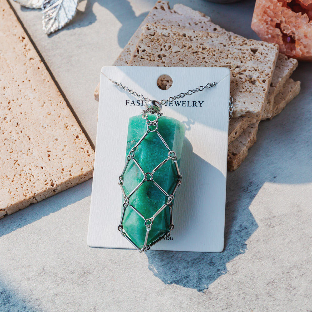 Reikistal Natural Crystal Net Metal Bamboo Necklace Woven Pendant