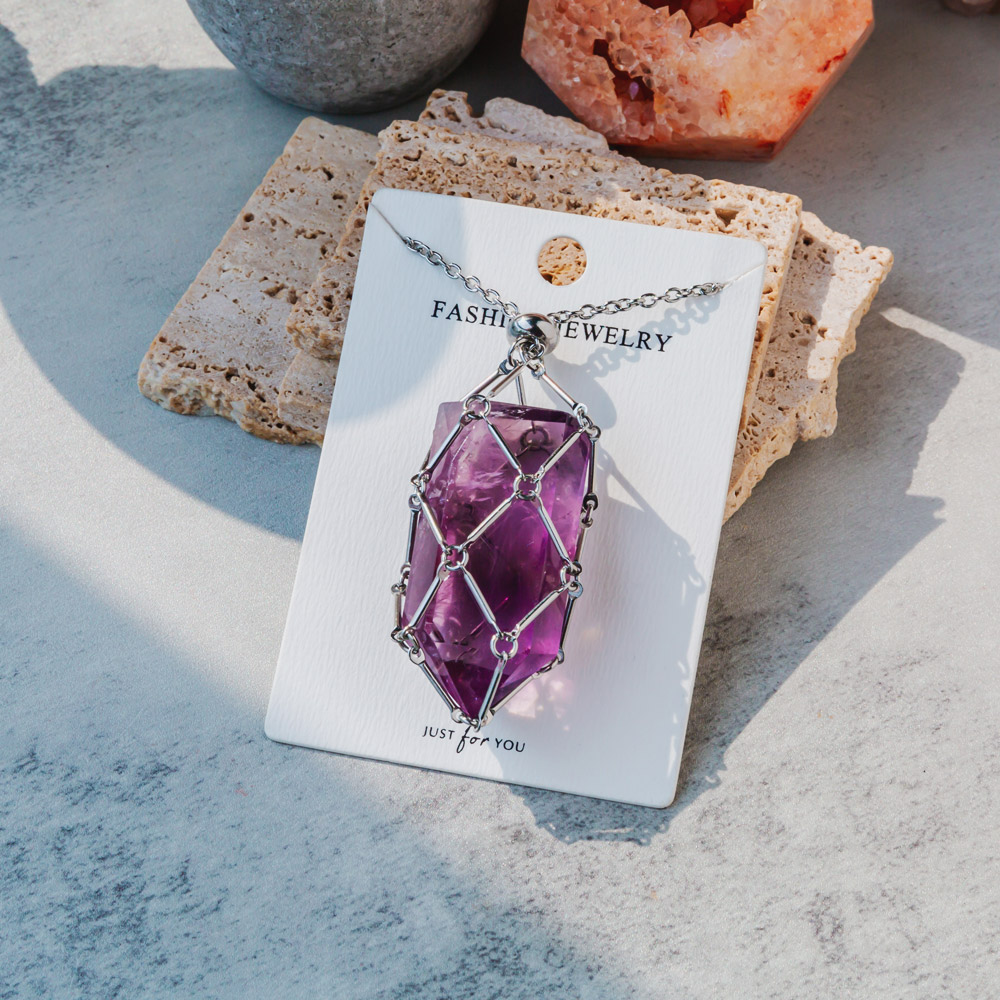 Reikistal Natural Crystal Net Metal Bamboo Necklace Woven Pendant