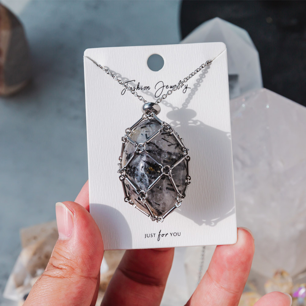 Reikistal Natural Crystal Net Metal Bamboo Necklace Woven Pendant