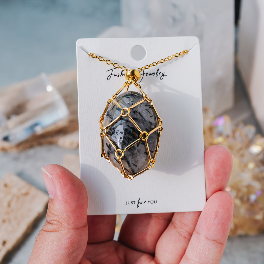 Reikistal Natural Crystal Net Metal Bamboo Necklace Woven Pendant