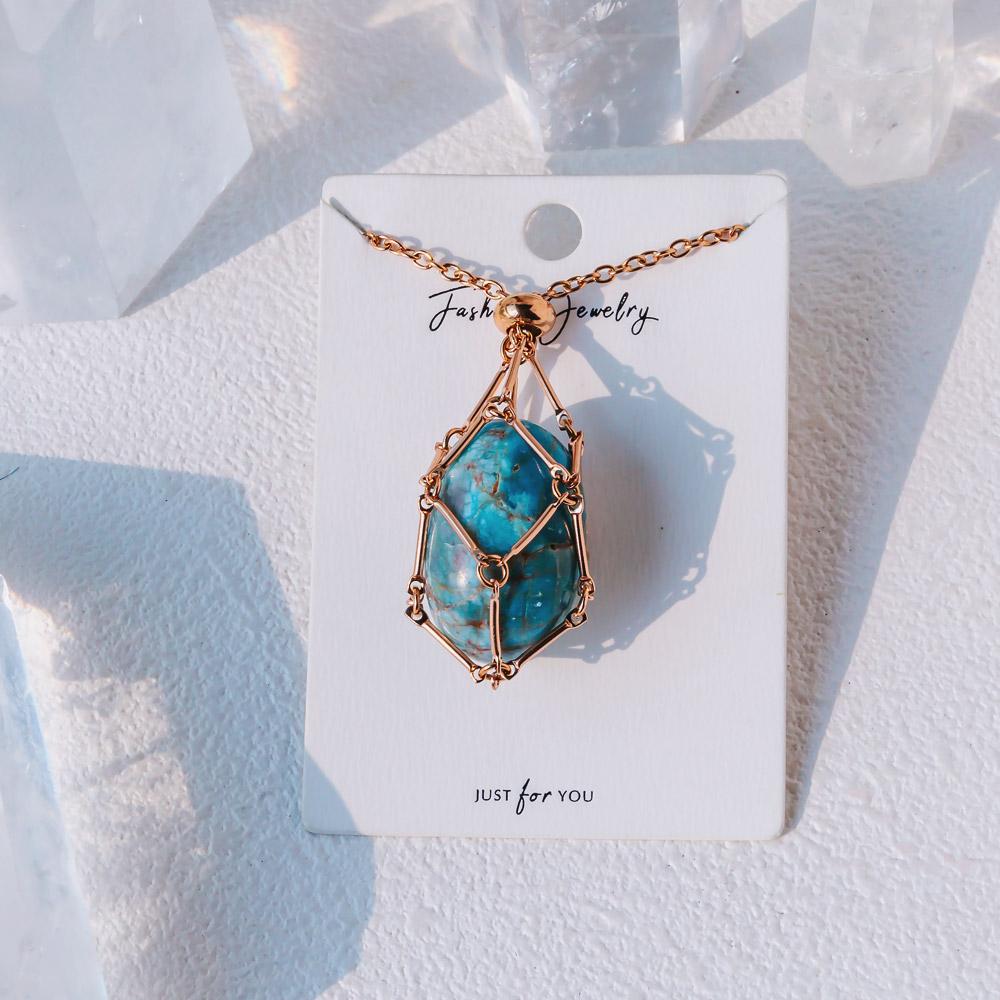 Reikistal Rose Gold Net Metal Bamboo Necklace Woven Pendant