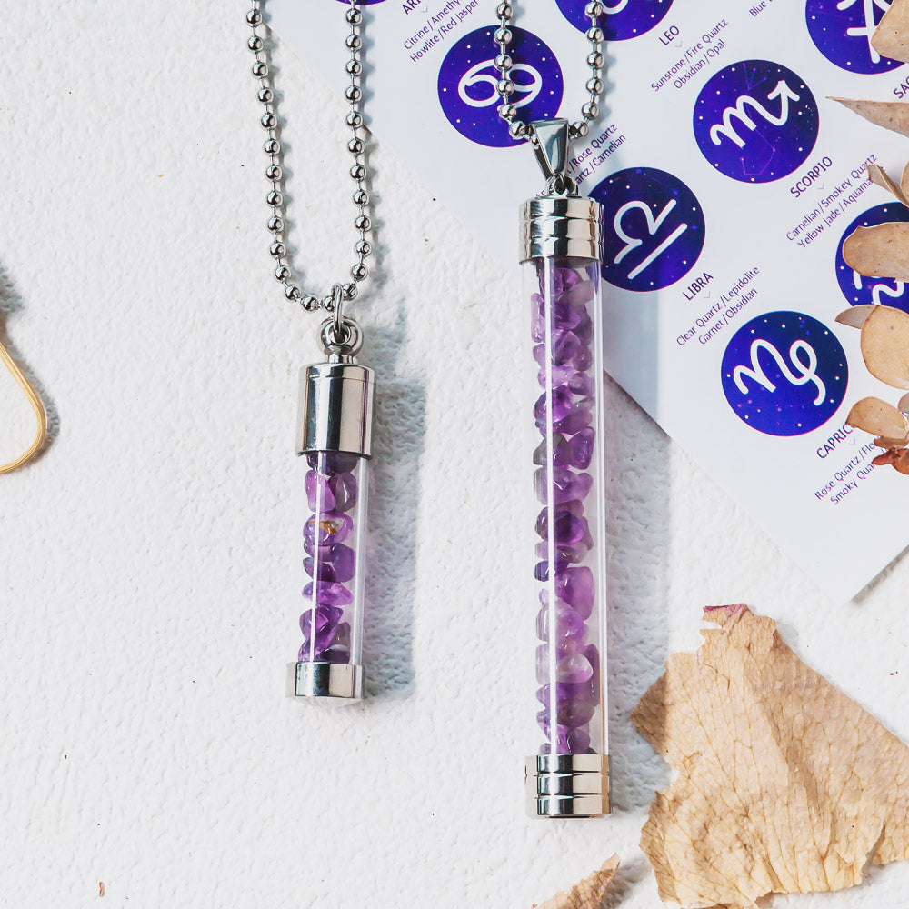【Zodiac】Natural Crystal Chips Wishing Bottle Necklace