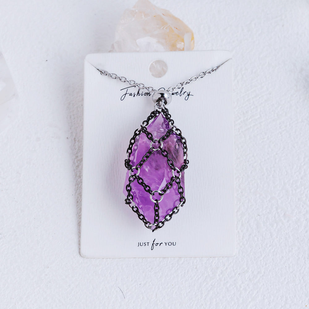 【Black O Mesh】Natural Crystal Adjustable Necklace【Point/Tumbled】