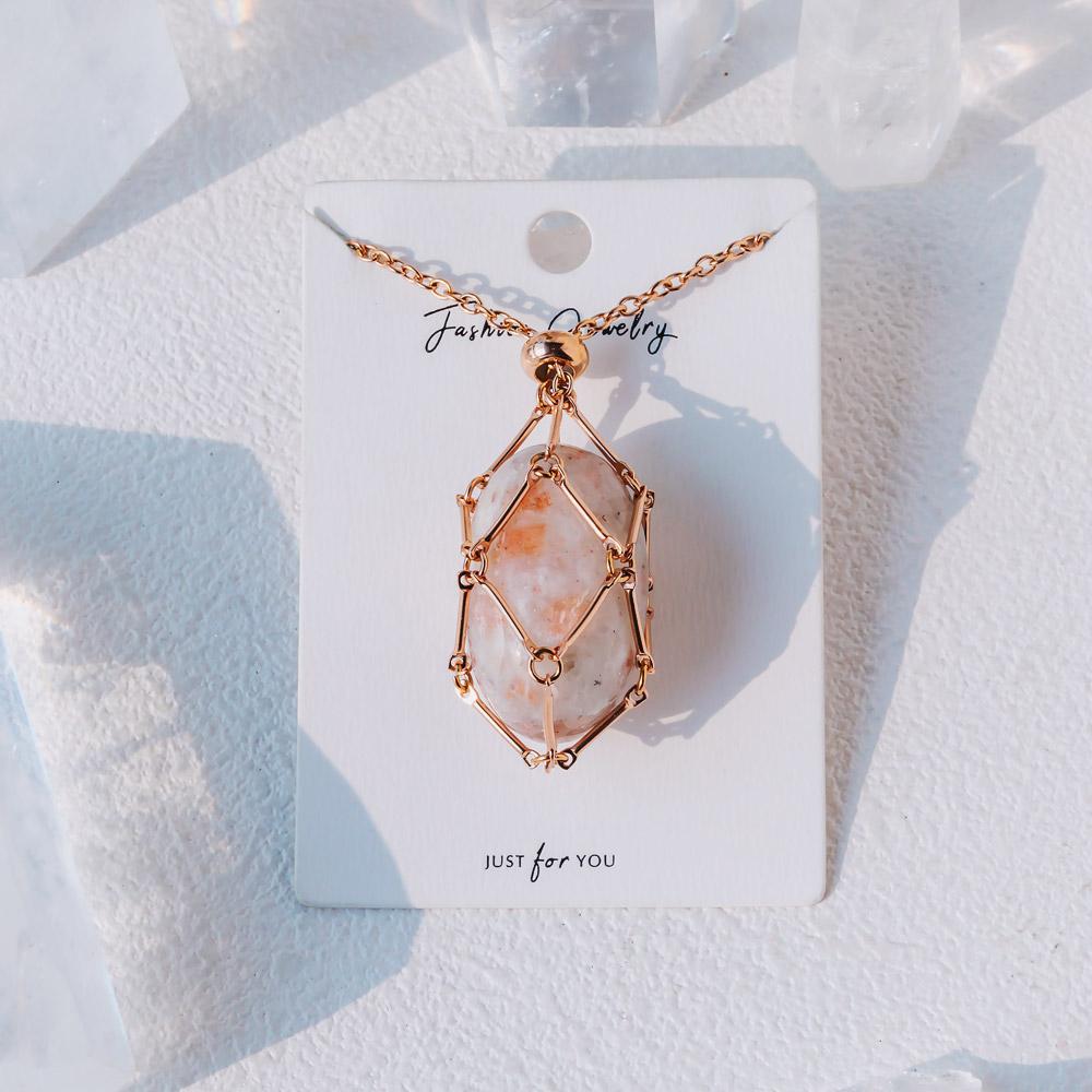 Reikistal Rose Gold Net Metal Bamboo Necklace Woven Pendant