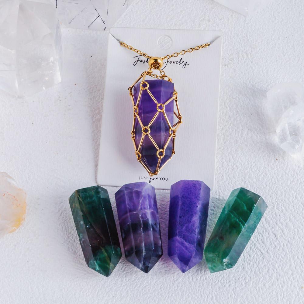 【Silver+Gold】Natural Crystal Net Metal Bamboo Necklace Woven Pendant