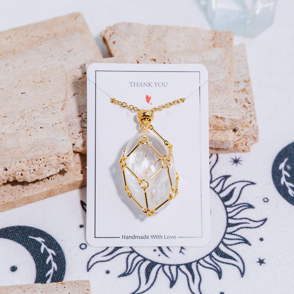 Reikistal Natural Crystal Net Metal Bamboo Necklace Woven Pendant