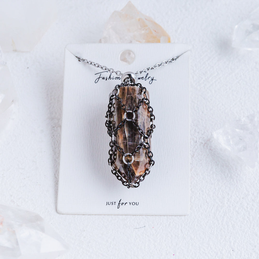 【Black O Mesh】Natural Crystal Adjustable Necklace【Point/Tumbled】