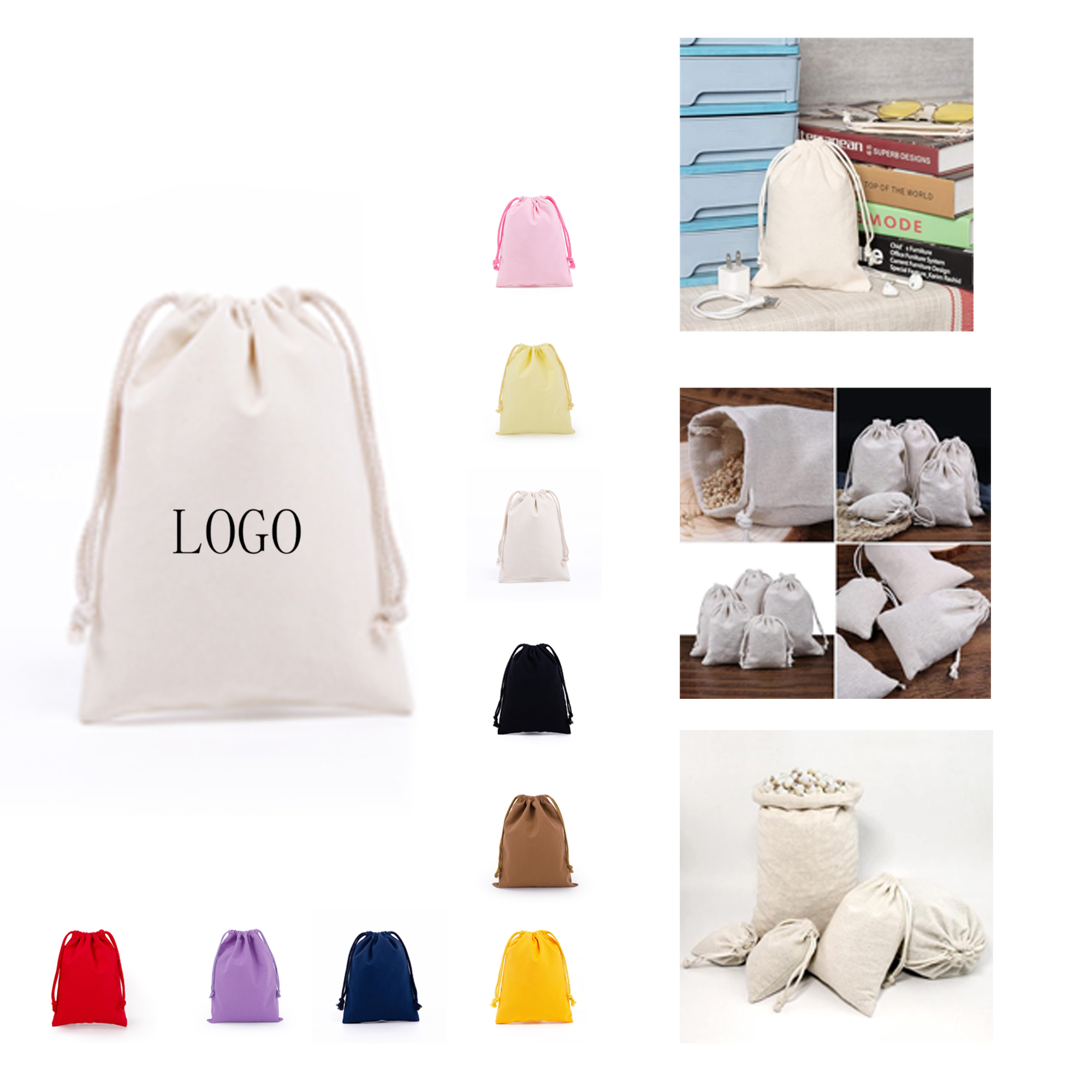 Canvas bags with drawstrings.