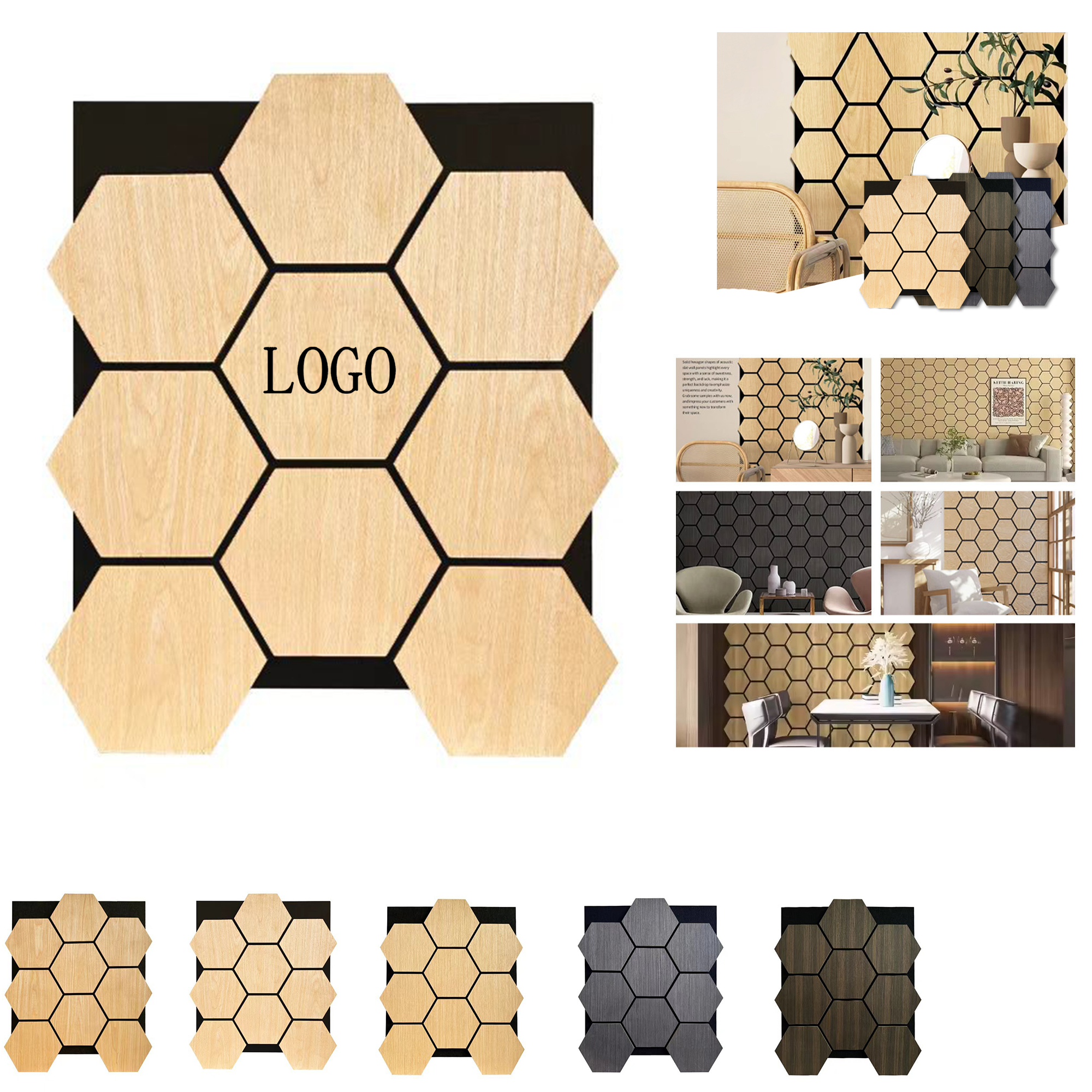 Unique Hexagonal Wood Strip Polyester Fiber Grille Sound-Absorbing Board, an eco-friendly decorative material designed for theaters, background walls, and other environments requiring exceptional sound quality and aesthetic appeal 22.2" x 19.3" x 2.4" x 4
