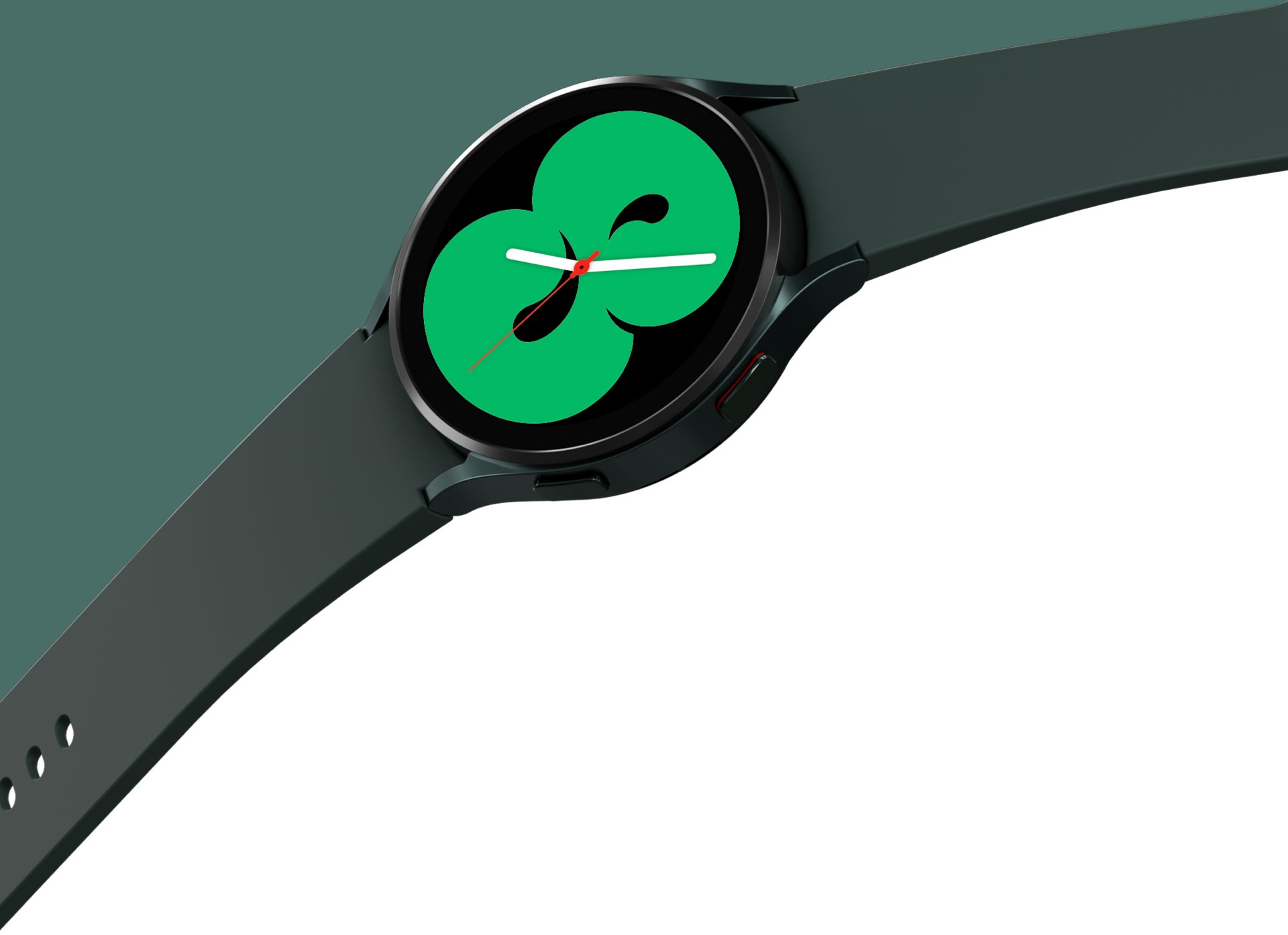 A green Galaxy Watch4 is displayed with a band that is spread wide. The watch face shows one of the designs that displays the time in a green color.