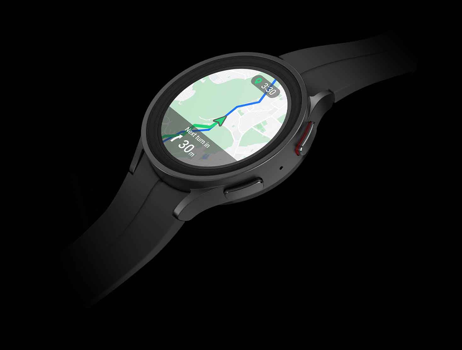 黑色Titan Galaxy Watch5 Pro手表在表盘上显示地图，具有分步导航功能。