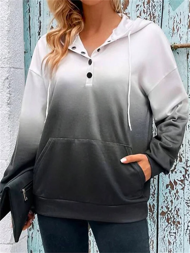 Women's Hoodie Sweatshirt Pullover Basic Button Front Pocket Black Str