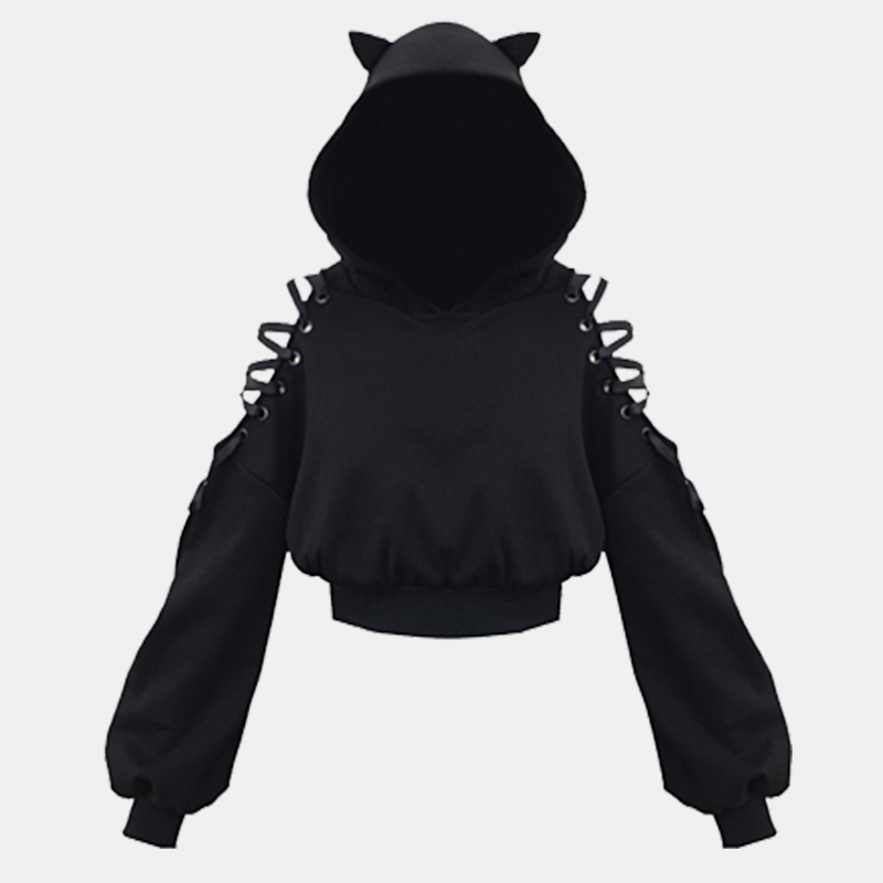 Cat Ears Lace Up Short Hoodie Black