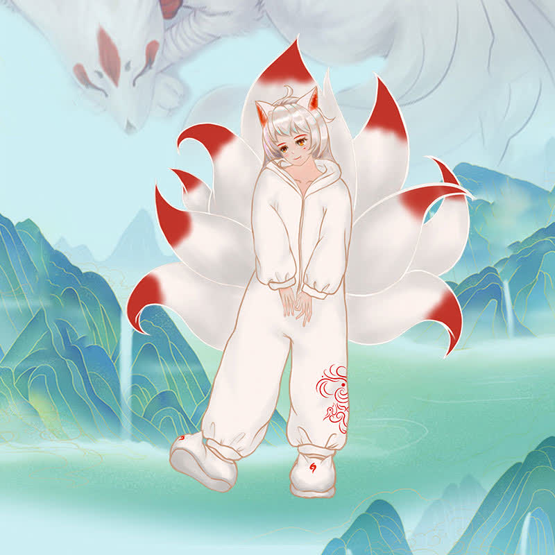 Sweat à Capuche Anime Kitsune - Renard à Neuf Queues Japonais, Coton 241g, Coupe Classique