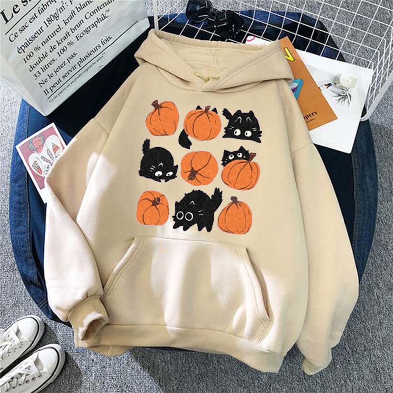 Modakawa Pumpkin Kitty Print Plush Hoodie